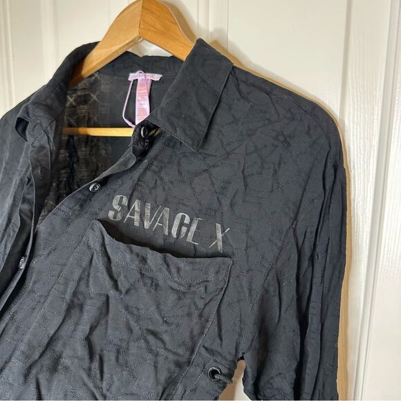 Savage X Fenty Black Lace Up Sides Voile Monogram Button Down Sleep Shirt Sz XS - Picture 3 of 7